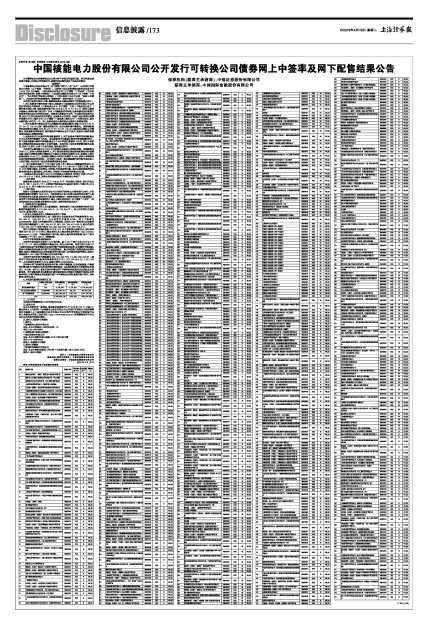 中国核能电力股份有限公司公开发行可转换公司债券网上中签率及网下配售结果公告